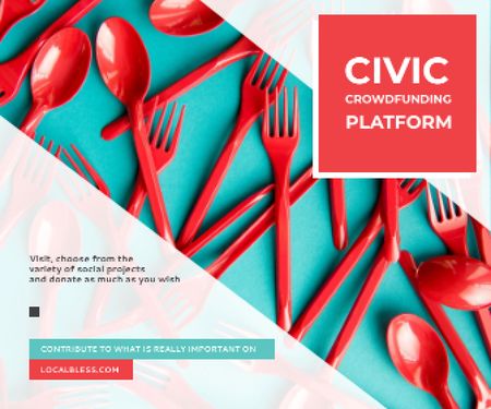 Template di design Piattaforma di crowdfunding con stoviglie in plastica rossa Large Rectangle