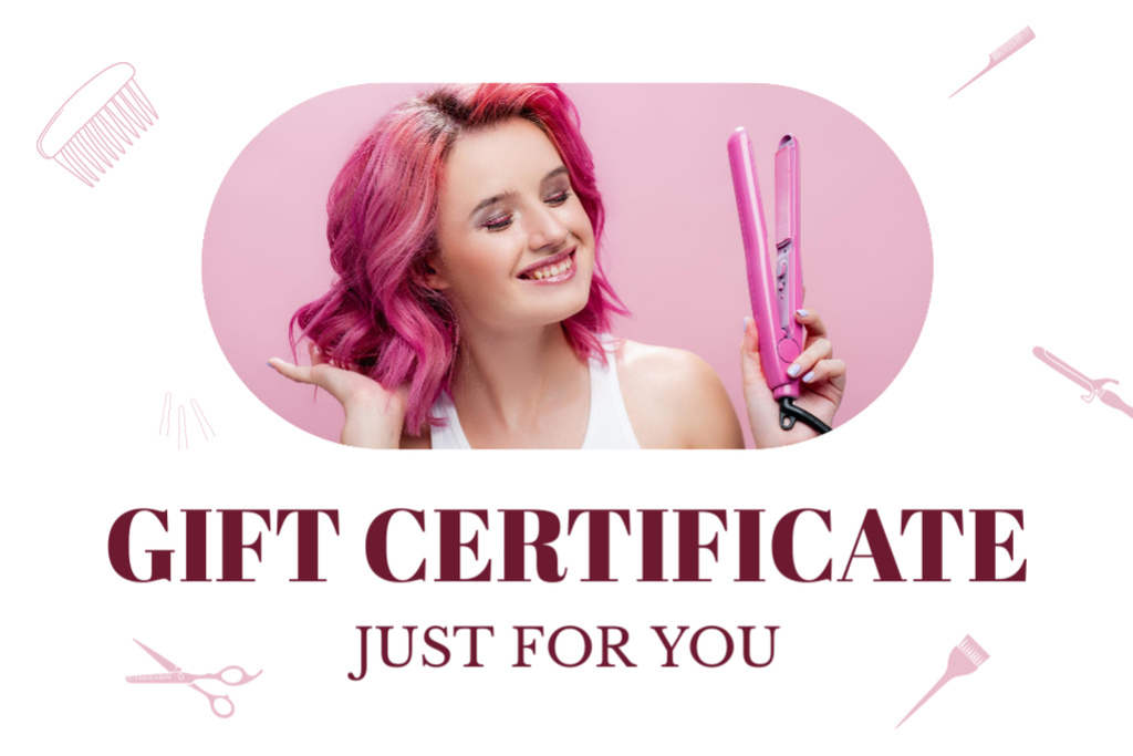 Plantilla de diseño de Beauty Salon Ad with Smiling Woman with Bright Haircut Gift Certificate 