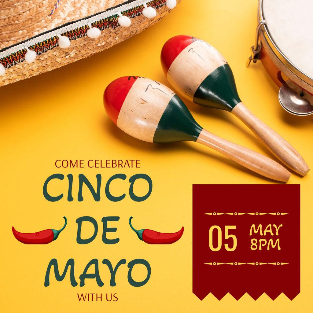 Cinco De Mayo Party Announcement with Chilli Instagram Tasarım Şablonu