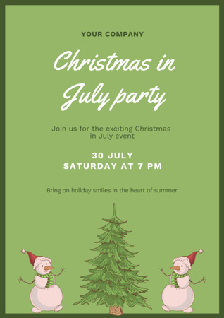 July Christmas Party Announcement with Snowmen and Tree Flyer A4 Design Template