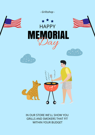 Memorial Day Celebration with Barbecue on Blue Poster Design Template
