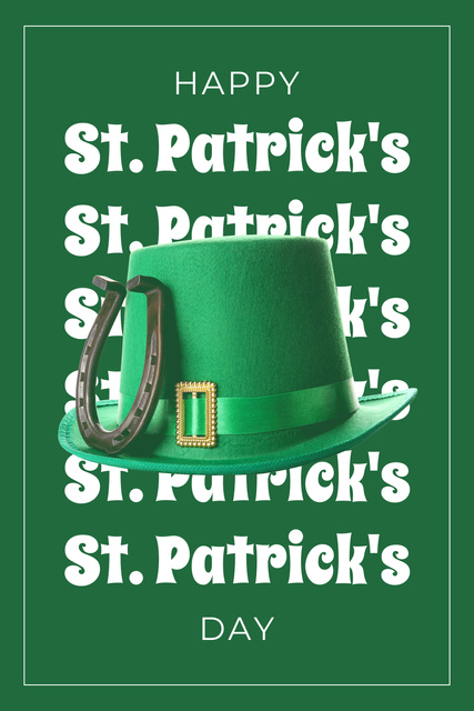 Happy St. Patrick's Day greeting with Green Hat and Horseshoe Pinterest tervezősablon