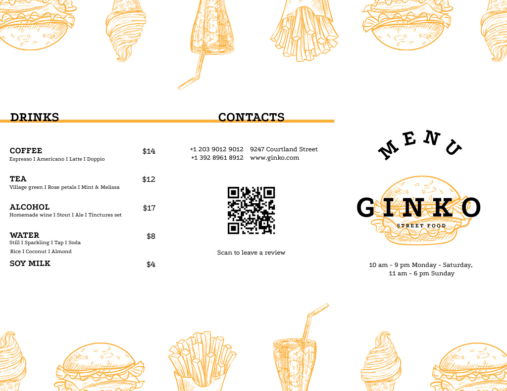 Street Food Dishes With Sketches Menu 11x8.5in Tri-Fold Design Template