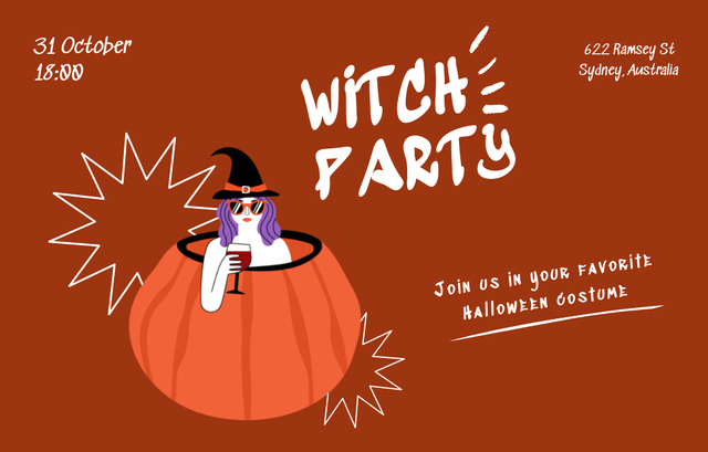 Designvorlage Halloween Party With Woman In Witch Costume in Pumpkin für Invitation 4.6x7.2in Horizontal