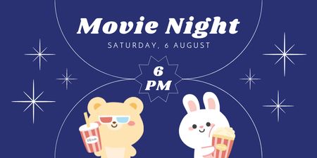 Movie Night Invitation with Cute Bear and Rabbit Twitter Design Template