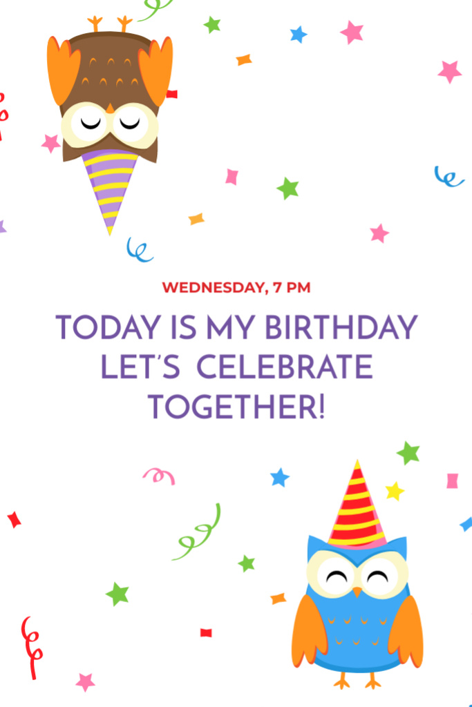 Platilla de diseño Exciting Birthday Celebration Party With Cartoon Owls Postcard 4x6in Vertical