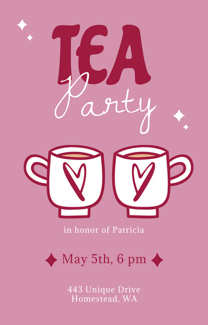 Tea Party Announcement With Cute Cups Invitation 4.6x7.2in Πρότυπο σχεδίασης