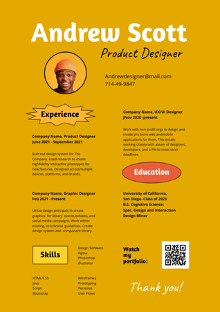 Plantilla de diseño de Habilidades y experiencia del diseñador de productos Resume 