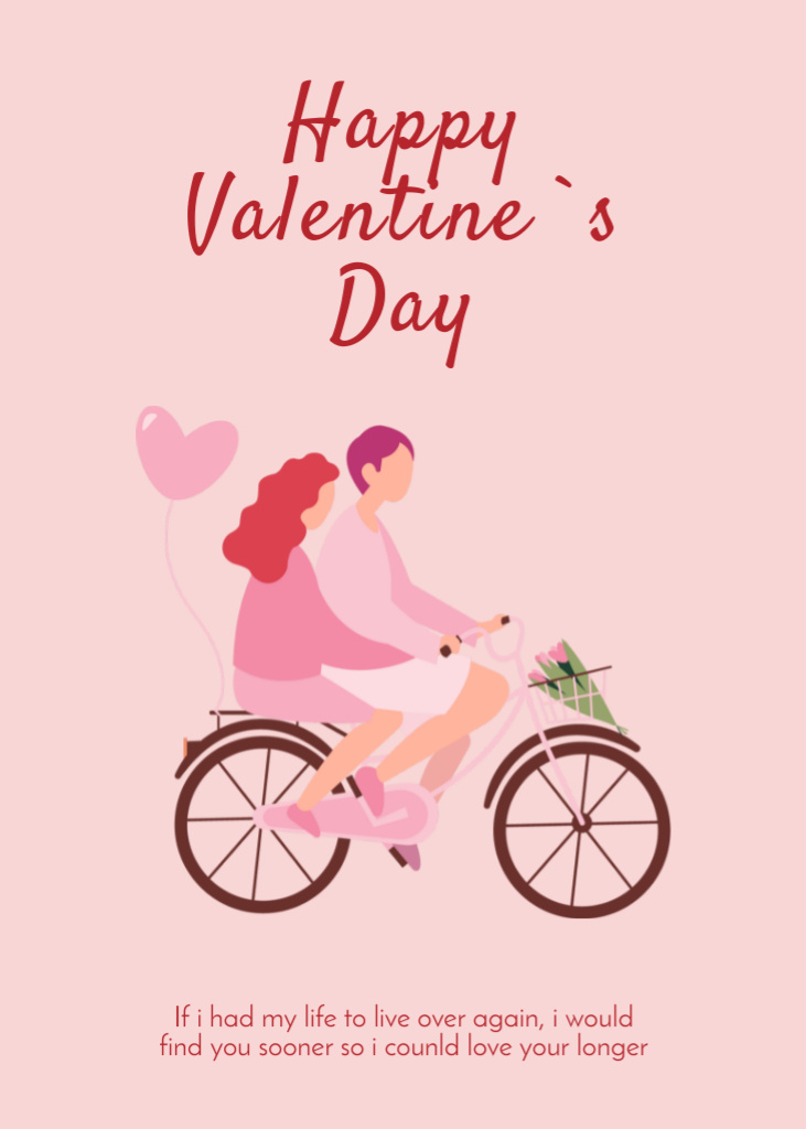 Happy Valentine's Day Greeting With Couple On Bicycle in Pink Postcard 5x7in Vertical Design Template