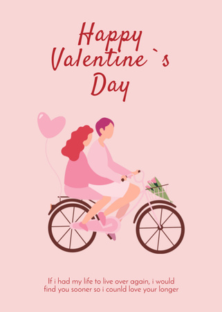 Happy Valentine's Day Greeting With Couple On Bicycle in Pink Postcard 5x7in Vertical Tasarım Şablonu