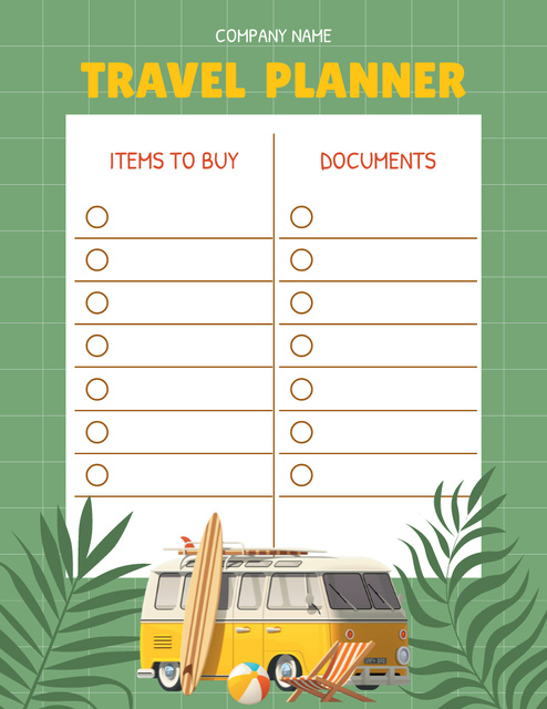 Travel Planner with Yellow Bus Illustration Notepad 8.5x11in – шаблон для дизайну