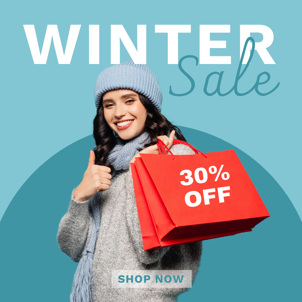 Winter Sale Ad with Young Woman Holding Shopping Bags Instagram Šablona návrhu