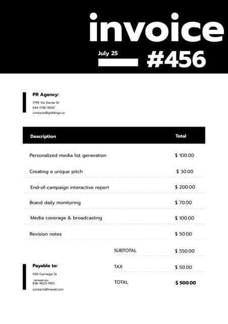 PR Agency Services Offer on Black an White Invoice Design Template