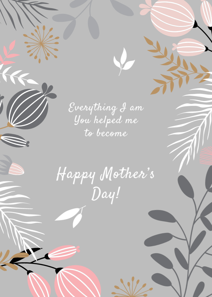 Happy Mother's Day Greeting With Grey Floral Frame Postcard 5x7in Vertical Tasarım Şablonu