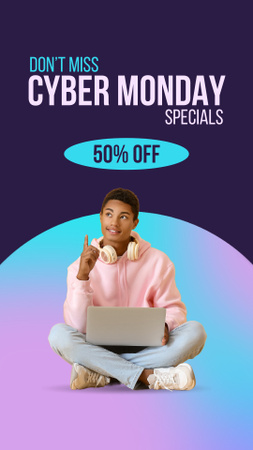 Modèle de visuel Annonce spéciale du Cyber Monday avec un jeune homme utilisant un ordinateur portable - Instagram Video Story