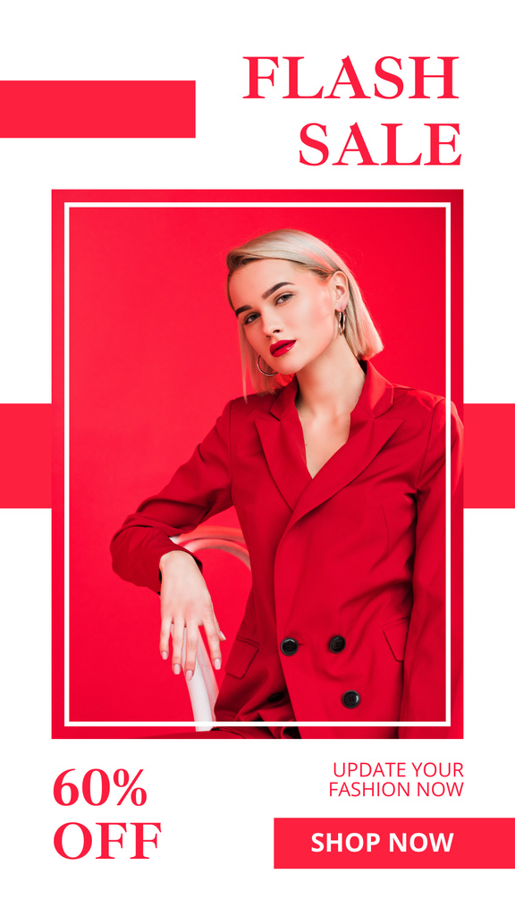Plantilla de diseño de New Female Fashion Sale Anouncement with Woman in Red Jaket Instagram Story 