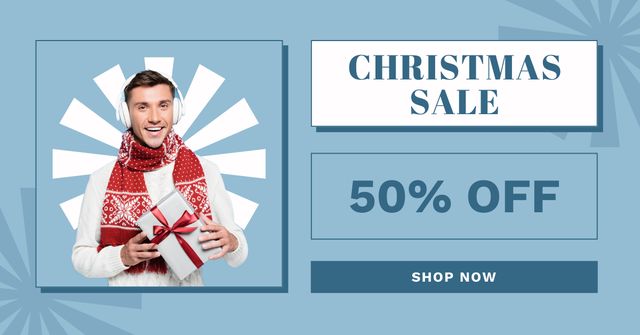 Man in Earphones on Christmas Sale of Gifts Blue Facebook AD Design Template