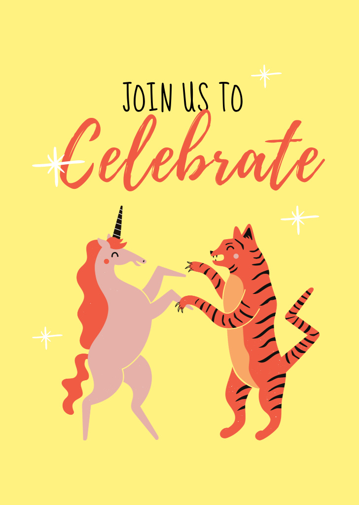 Funny Tiger And Unicorn Dancing Postcard A6 Vertical Design Template
