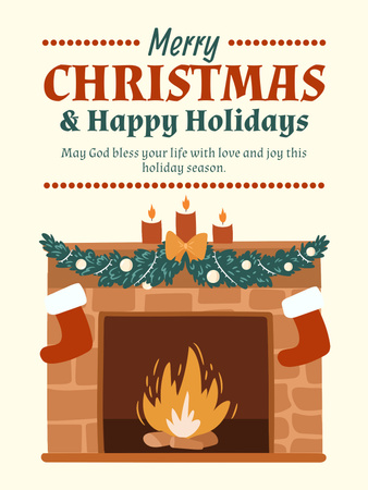Christmas and New Year Greeting with Warm Decorated Fireplace Poster US Design Template