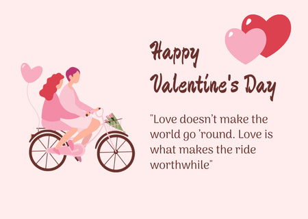 Platilla de diseño Valentine's Day with Couple on Bicycle and Pink Balloon Card