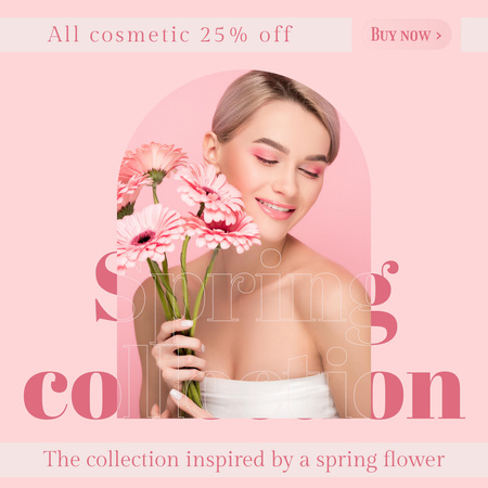 Spring Sale All Cosmetics with Beautiful Blonde with Flowers Instagram AD Design Template