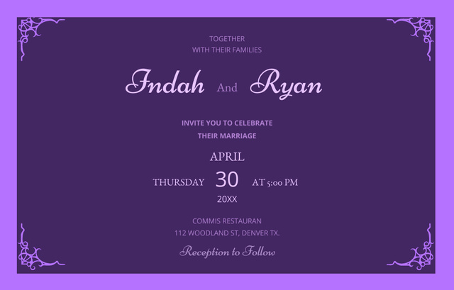 Marriage Celebration Announcement In Purple With Ornaments Invitation 4.6x7.2in Horizontal Design Template
