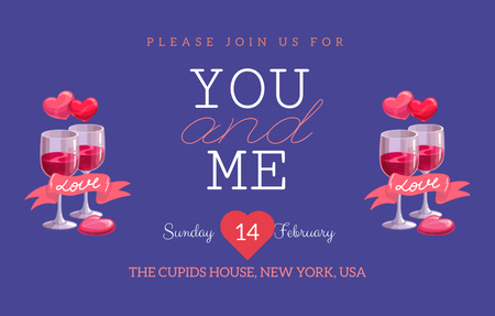 Plantilla de diseño de Valentine's Day Party With Wineglasses on Blue Invitation 4.6x7.2in Horizontal 
