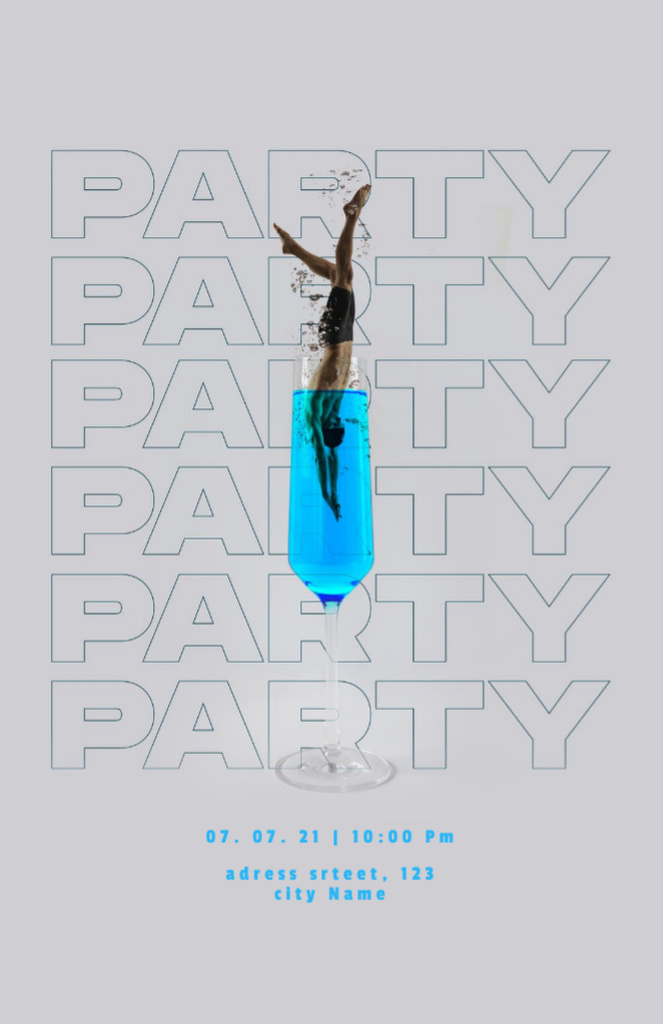 Plantilla de diseño de Extravagant Party Announcement With Man Diving Into Cocktail Invitation 5.5x8.5in 