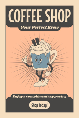 Komik Fincan Karakteri ve Mağaza Teklifinde Kremalı Kahve Pinterest Tasarım Şablonu