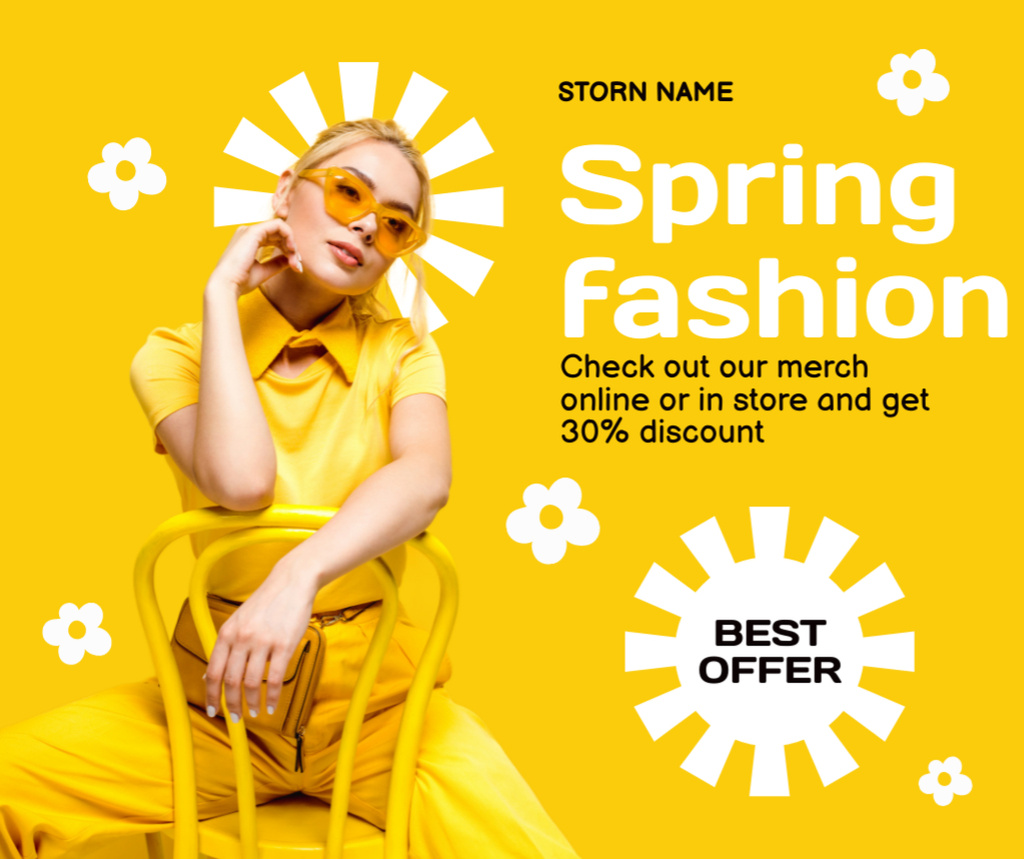 Trendy Spring Fashion Offer with Blonde in Yellow Facebook Šablona návrhu