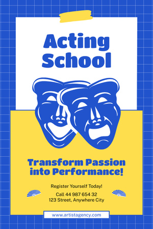 Plantilla de diseño de Publicidad escolar de actuación con máscaras de teatro azules. Pinterest 