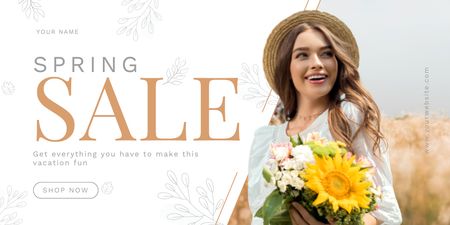 Spring Sale with Beautiful Woman with Bouquet of Flowers Twitter Design Template