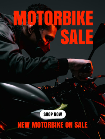 Designvorlage Verkaufsanzeige mit extremem Mann auf Motorrad für Poster US