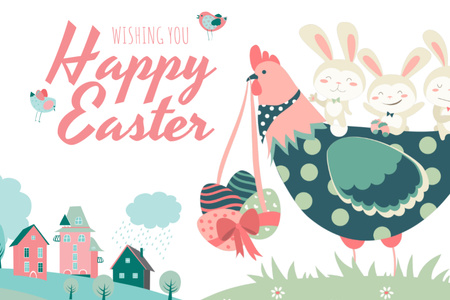 Designvorlage Easter Wishes With Cute Chicken And Bunnies für Postcard 4x6in