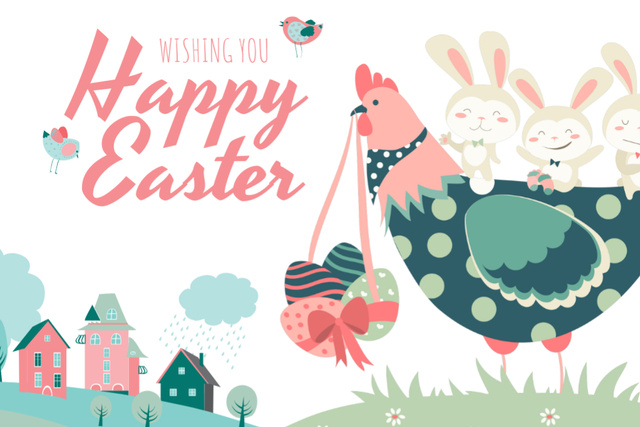 Szablon projektu Easter Wishes With Cute Chicken And Bunnies Postcard 4x6in