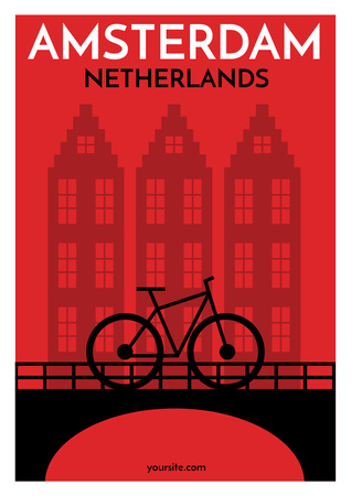 Amsterdam red illustration with bicycle Poster Design Template