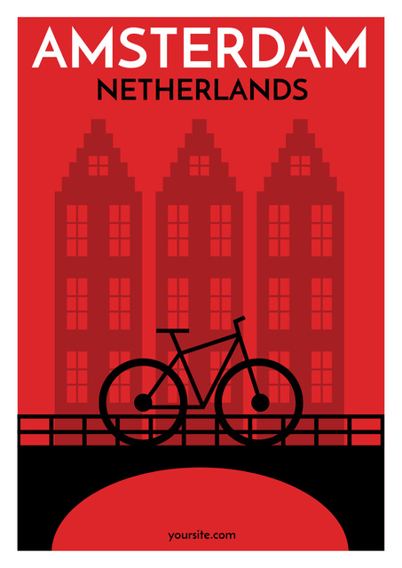 Amsterdam red illustration with bicycle Poster Tasarım Şablonu