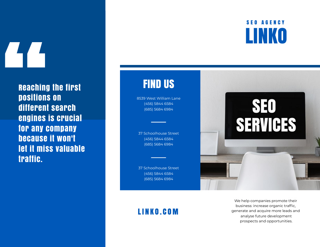SEO Services Ad on Monitor Screen Brochure 8.5x11inデザインテンプレート