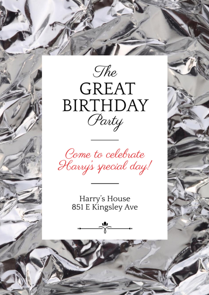 Birthday Party Invitation with Shiny Crumpled Silver Foil Flyer A4 Design Template