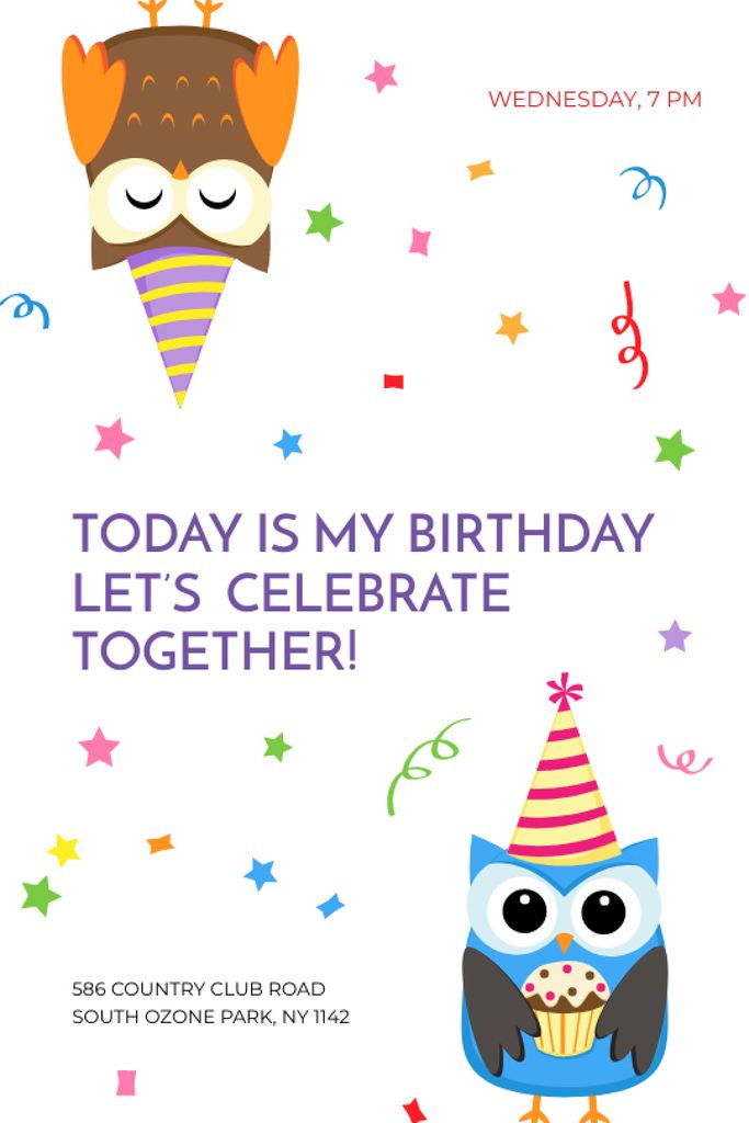 Modèle de visuel Birthday Invitation with Party Owls - Tumblr