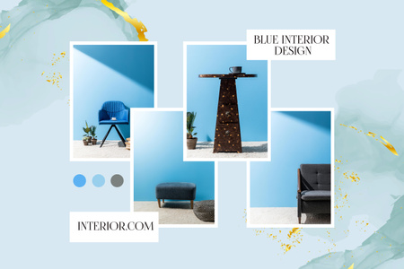 Huonekalut sinisellä minimalistisella sisustussuunnittelulla Mood Board Design Template