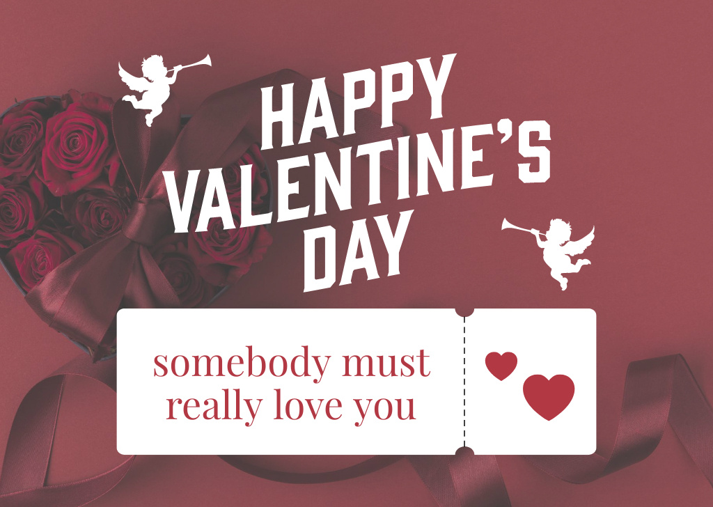 Valentine's Day Greeting with Red Roses and Cute Cupids Card Design Template