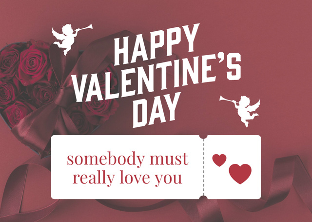 Valentine's Day Greeting with Red Roses and Cute Cupids Card Tasarım Şablonu