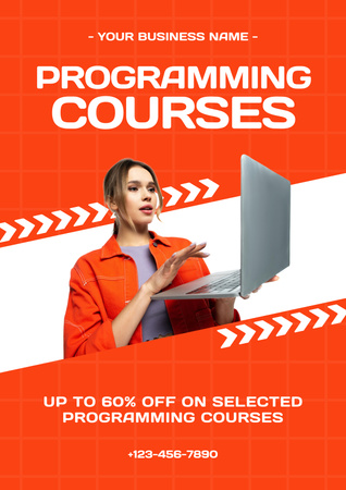 Ontwerpsjabloon van Poster van Cursusadvertentie programmeren met vrouw die laptop gebruikt