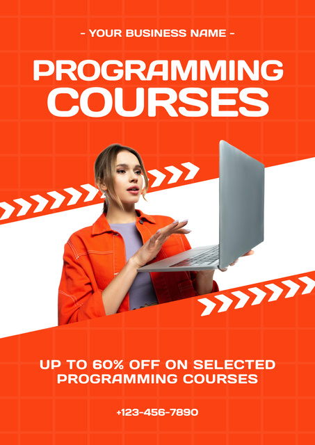 Programming Course Ad with Woman using Laptop Posterデザインテンプレート