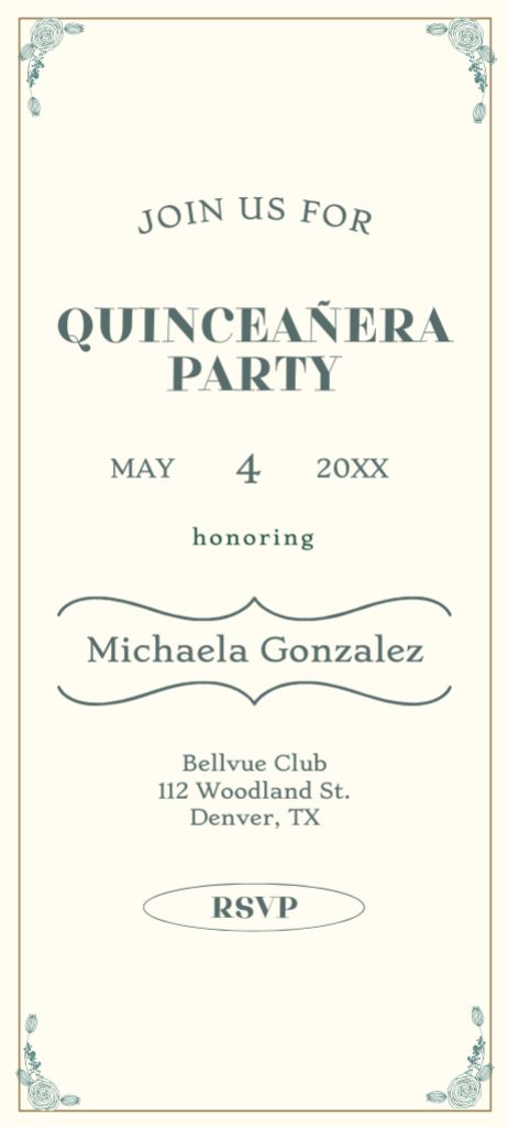 Quinceañera Festivity Notification Invitation 9.5x21cm – шаблон для дизайну