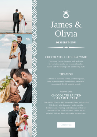 Lista de sobremesas de casamento com colagem de fotos do casal Menu Modelo de Design