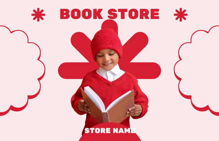 Bookstore's Ad with Cute Mixed Race Kid Business Card 85x55mm Tasarım Şablonu
