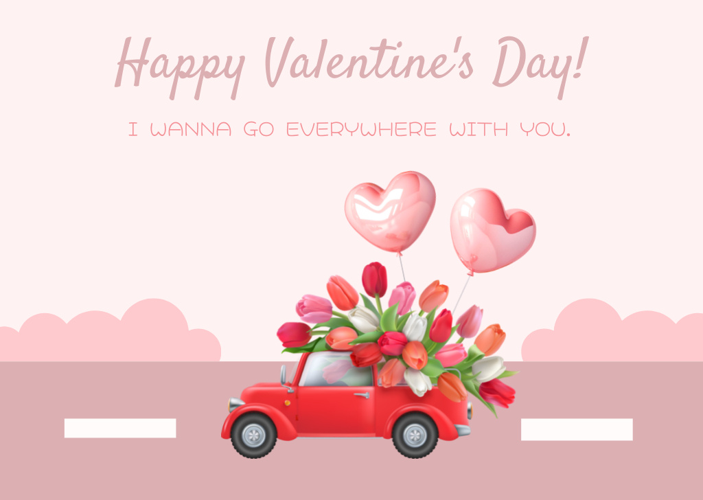 Plantilla de diseño de Valentine's Day with Retro Car Carrying Tulips in Pink Card 