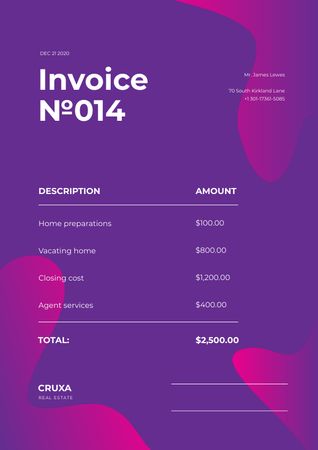 Real Estate Agency Services on Purple Abstraction Invoice Design Template